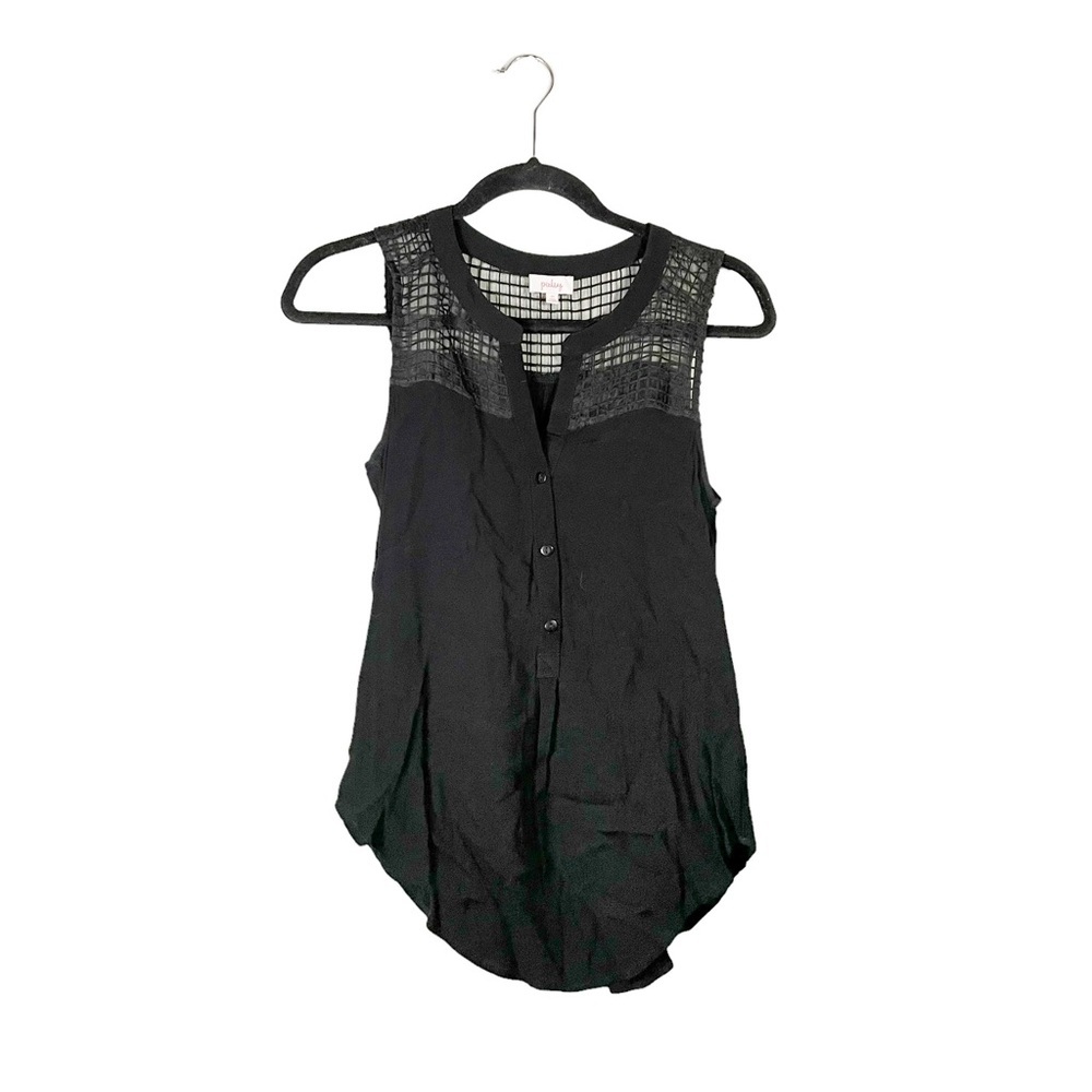 Pixley Black Sleeveless V Cut Mesh Lace Neckline Business Casual Office Blouse - Picture 2 of 6